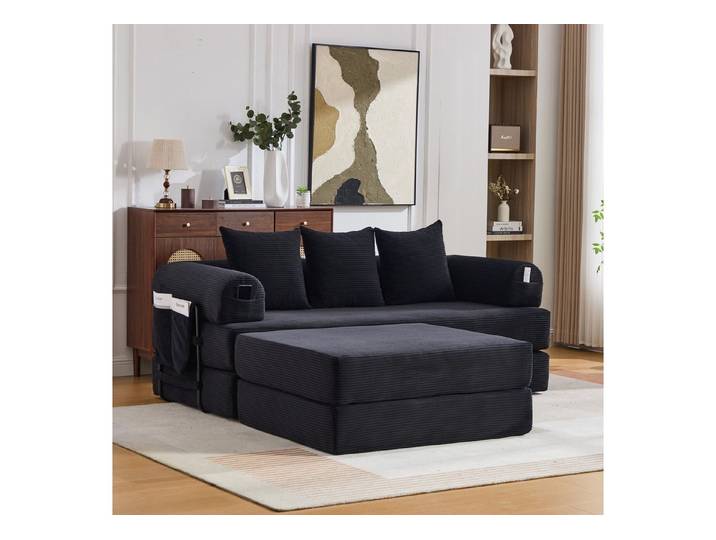 HAUSS SPOLE Loungesessel 2-tlg mit Metallrahmen & Hocker,Loungesofa mit Seitentasche,Schwarz (Relaxsofa mit einem stabilen Metallgestell, aus hochwertigem Cordstoff gefertigt), für kleine Räume, Apartments oder Studentenwohnungen