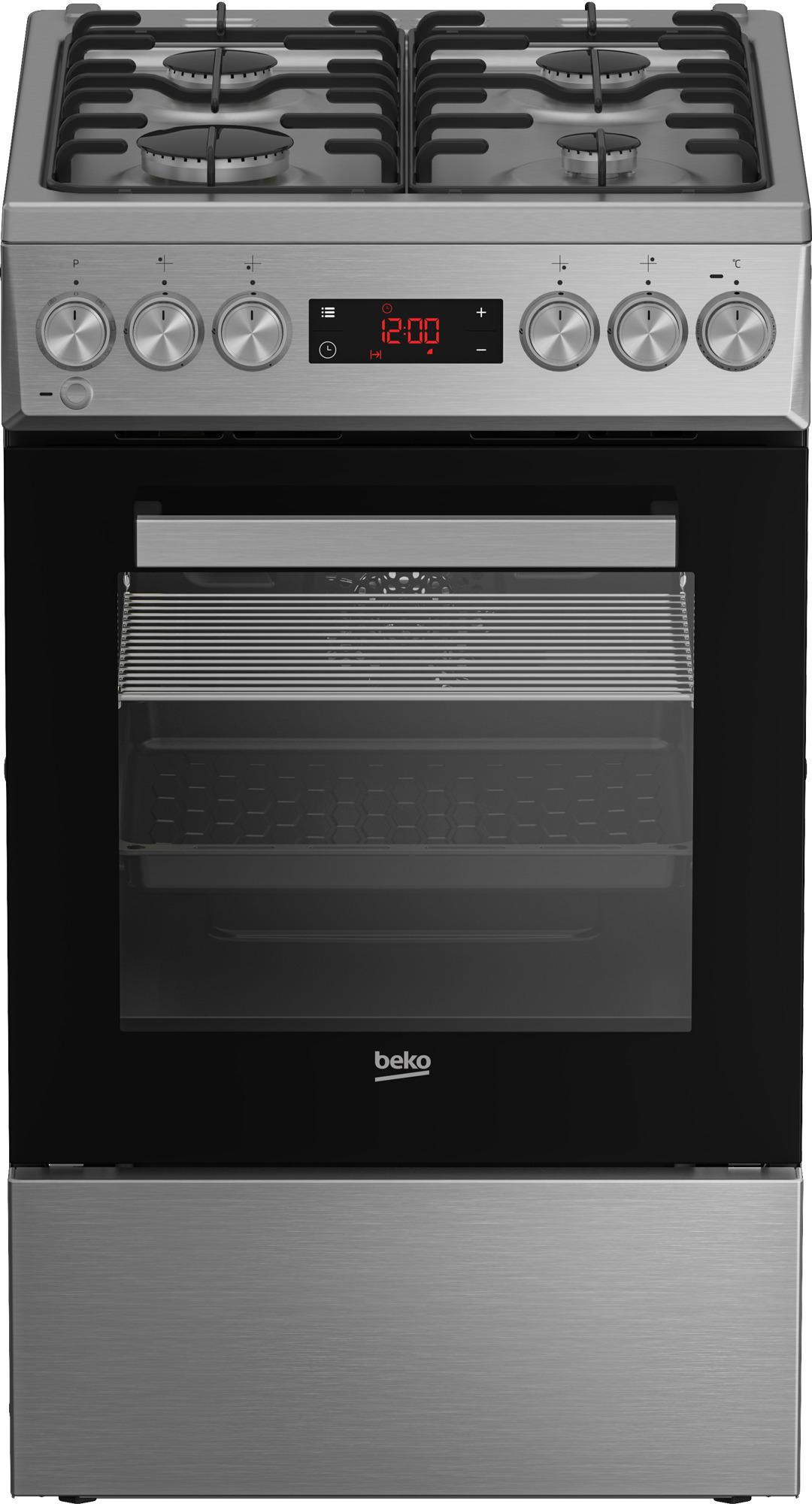 Beko FSM52320TXDT, Freistehender Herd, Edelstahl, Drehregler, Front / Top front, LED, Gaskochfeld