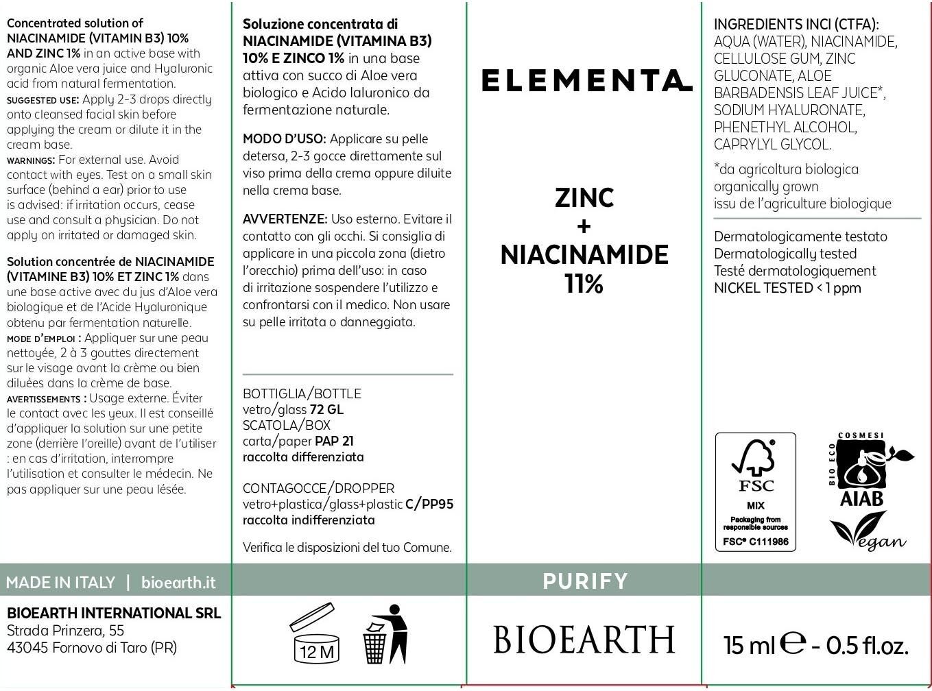 Bioearth Elemental Zinc + Niacinamida 11% 15ml