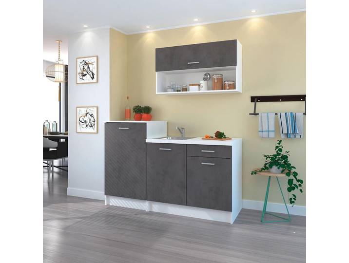 Miniküche Smart ohne Geräte 160 cm Betonoptik/Weiß