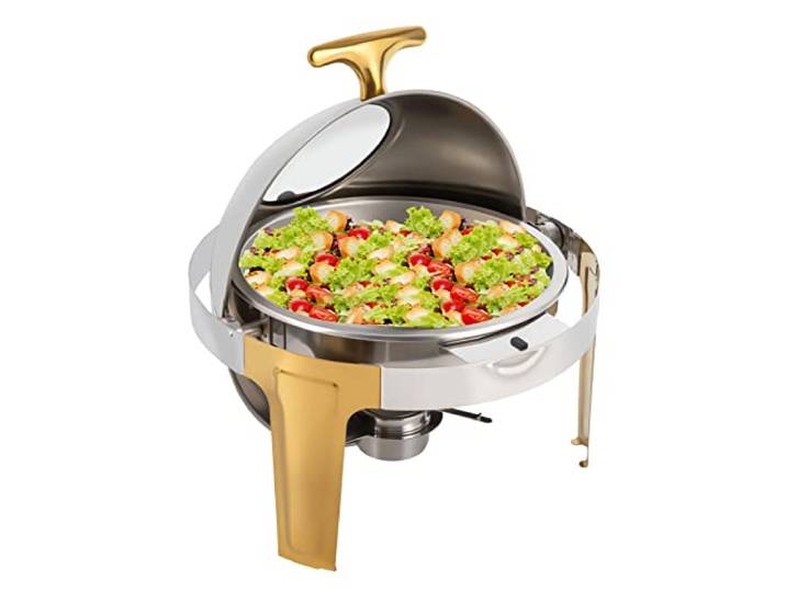 Bepritm Roll-Top-Edelstahl-Buffetwärmer, runde volle Flip-Top-Heizplatte mit visuellem Deckel, rundes Chafing Dish Buffet-Set für Catering, Events, Partys, Hochzeiten, Abendessen (Gold)