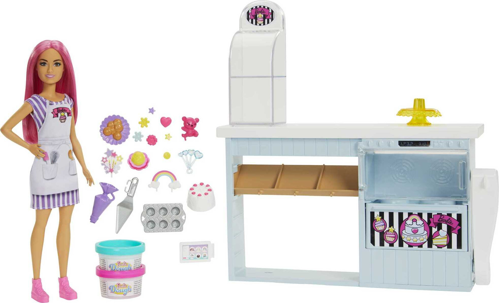 Barbie bakkerij set met pop met roze haar en accessoires