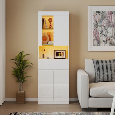 Orange Casual LED Modern Tall Bookcase Bookshelf Display Cabinet with High Glossy Surface and Glass Door