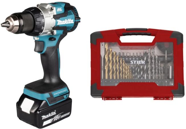Set Makita Akku-Bohrschrauber 18V, 1800 U/min + STIER TiN-Bohrer-, Säge- und Bit-Set 100-teilig