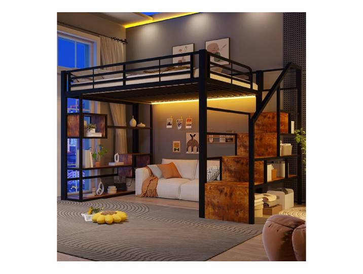 muvano Bett Hochbett 140x200 Metall Schwarz mit LED Beleuchtung Treppe Stauraum