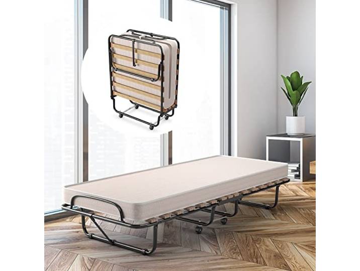 COSTWAY 80x190cm Gästebett Klappbar, Faltbares Faltbett mit Matratze aus Rückstellschaum, Klappbett mit stabilem Stahlrahmen, bis 120kg belastbar, Metallbett auf Rädern, für Camping Gästezimmer