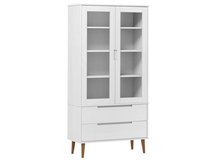 GFMGUEMV Vitrinenschrank MOLDE Weiß 90x35x175 cm Massivholz Kiefer mit skandinavischem Design, UV-Lackierung, 2 Schubladen und 4 Fächern mit 2 Glastüren für Bücher und Dekoration