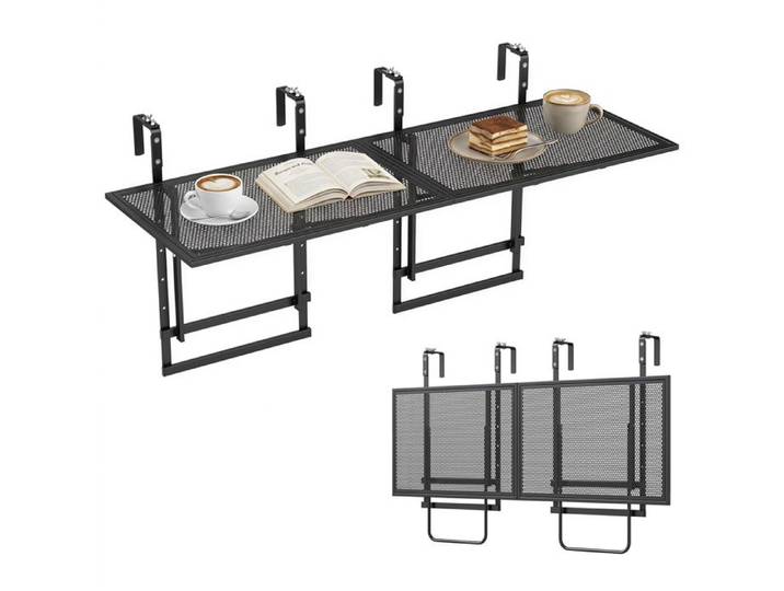 Lot de 2 Table de Balcon Suspendue COSTWAY Tables de Bar Rabattables Connectables Hauteur Réglable 5 Niveaux Crochets Ajustables