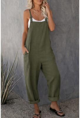 LightInthebox Women's Jumpsuits Casual Bib Utility Rompers Side Pockets Full Length Pants Weekend Inelastic Plain Faux Linen Comfort Mid Waist Green Black Red S M L XL XXL Summer Fall Dungarees