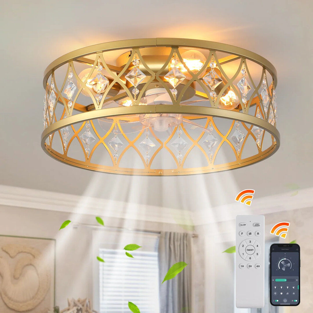 Blue Elephant Modern 50cm Gold Reversible Caged Ceiling Fan with Light Kit and Remote Control Clear 30cm