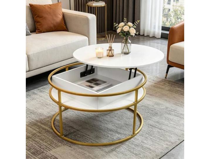 LVHCMFOHM Table Basse Relevable avec Rangement Caché - Table de Salon Ronde avec Cadre Métal Robuste - 80x80X47cm - Blanc