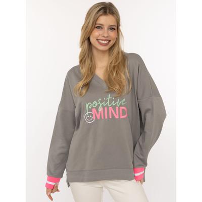 Hoodie ZWILLINGSHERZ "Positive Mind", Damen, Gr. L/XL, mittelgrau, Sweatware, Obermaterial: 50% Baumwolle, 50% Polyester, bequem hüftlang, V-Ausschnitt, Sweatshirts Hoodie, neonfarbenen Bündchen, V-Ausschnitt, Seitenschlitze, Langarm