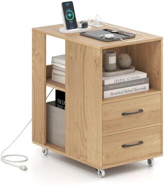 Costway End Table with Built-in Charging Station Sofa Side Bedside Table on Wheels-Natural