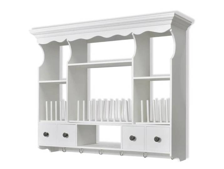Armoire murale de cuisine en bois - JILL - Blanc - 90 5x22 5x70 3 cm - 4 tiroirs - 4 étagères - Crochets intégrés