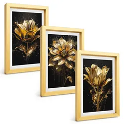 BILDER SET 3er Set - 20x30 cm Goldrahmen - Gelbe Blüten auf dunklem Hintergrund