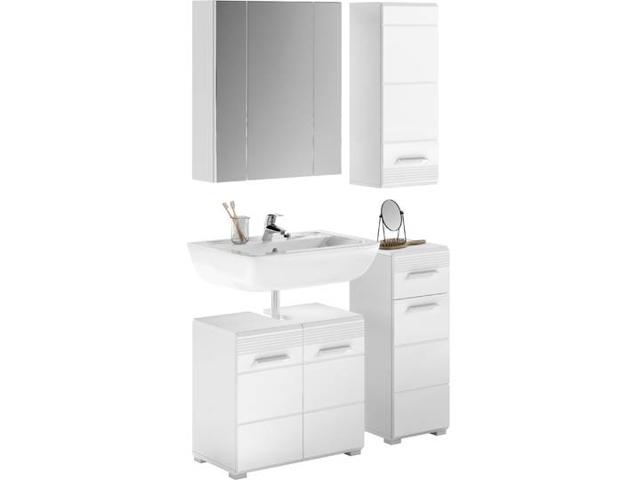Badmöbel-Set HOME AFFAIRE Malmö, 4 teilig, bestehend aus: , weiss (weiß, weiß hochglanz), Holzwerkstoff, MDF, Kastenmöbel-Sets, Badmöbel-Set, Waschbeckenunterschrank, Spiegel, Unterschrank, Hängeschrank