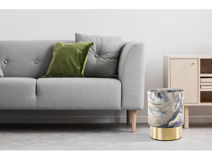 Sitzhocker KAYOOM Hocker Gipsy 325, stilvoller Sitzhocker, runde Form, stilvolles Design , blau (hellblau, gold), B:35cm H:46cm T:35cm, Bezug: 100% Polyester / Korpus: MDF, Kiefer / Gestell: Metall, Hocker, Sitzhocker, facettenreich, platzsparend, vielfältig einsetzbar, weiche Polsterung