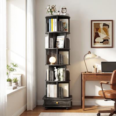 Rackcog Rollway Rotating Bookshelves with Storage Cabinet, 5-Tier Rolling Revolving Bookcase with Wheels