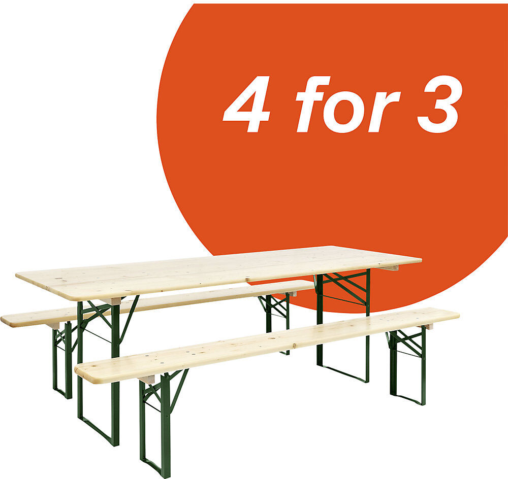 kaiserkraft Deal: 4 für 3, Bierbankgarnitur, 4 Tische, 8 Bänke, natur