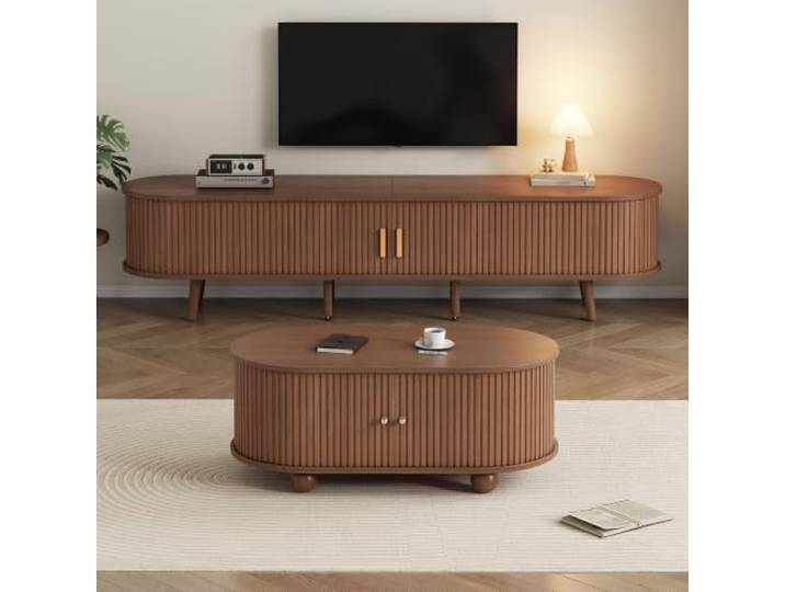 QQJIN TV-Schrank mit Couchtisch, MDF Nussbaum Optik, 2er Set, Stauraum Lowboard Stehend mit Doppelschubladen, Massivholzbeinen, Ovaler Tischplatte, Unsichtbaren Griffen, Wohnzimmer