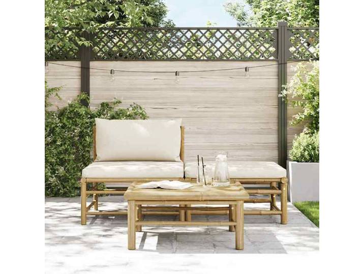 Blanc Siège de jardin - Salon de jardin - (3 pcs) - avec coussins blanc crème Bambou C887