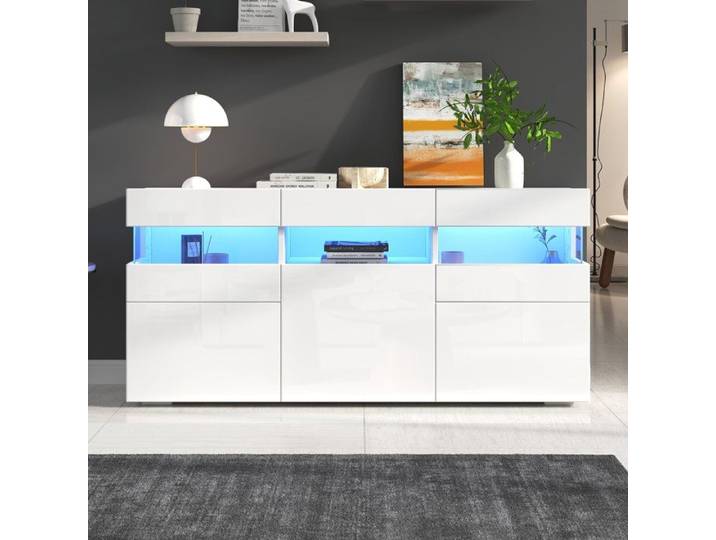 Buffet-SEYAKANY-140*40 5*66 5 cm buffet de salon avec 3 portes 1 meuble de rangement semi-ouvert-avec éclairage LED-Blanc