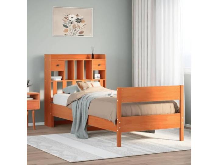RJPLMFV Bücherbett, massives Kiefernholz, 75 x 190 cm Ohne Matratze, integrierte Aufbewahrung, Lattenrost inklusive, rustikaler Stil