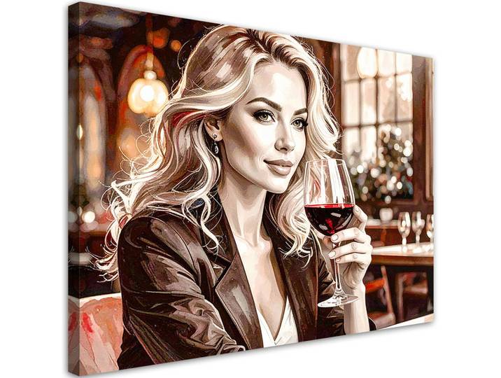Feeby Leinwandbild Frau Restaurant Rotwein 120x80cm, Beige, Person/Charakter, Rechteckig, 120x80 cm, Bilder & Rahmen, Bilder, Leinwandbilder