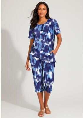 Plus Size Women's Plus Size 2-Piece Printed Henley Top and Capri Set by Roaman's in Soft Sky Ikat (Size 26/28) Matching Jersey T-Shirt and Capri Pants