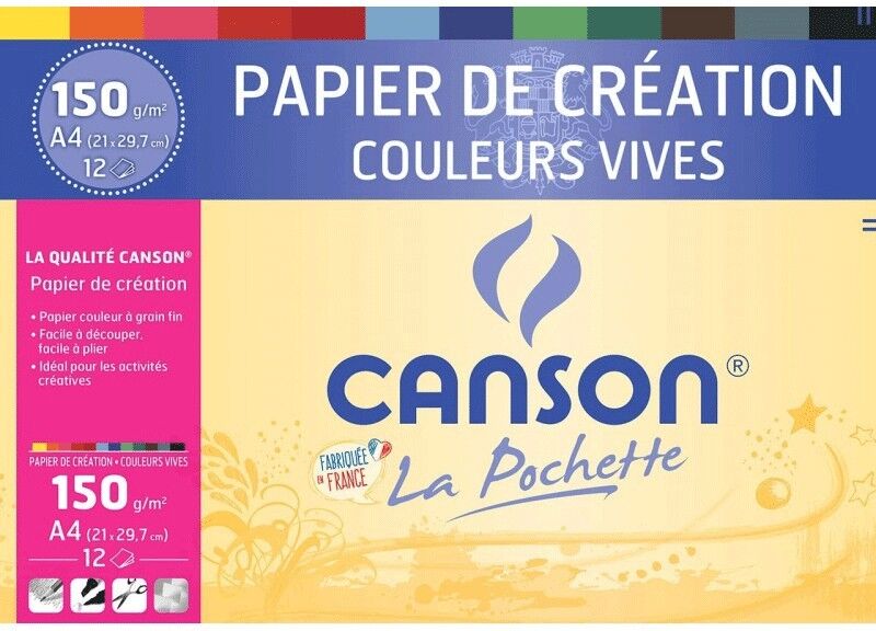 Pochette 12 feuilles Papier de création A4 150 g/m2 couleurs vives - Canson