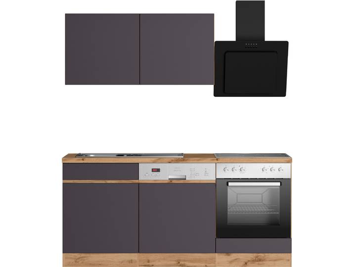 Küchenzeile KOCHSTATION KS-Riesa , grau (küche: grau, front: matt grau, korpus: wotaneichefarben, arbeitsplatte: wotaneichefarben), B:180cm H:200cm T:60cm, Komplettküchen-Sets, Küchenzeile, Stellbreite 180 cm, wahlweise mit oder ohne E-Geräte