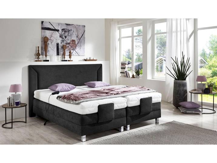 Boxbett, 194x214 cm, Mikrovelours, Schwarz, Mit Motor & 7-Zonen-Matratze