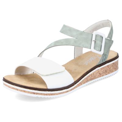 Riemchensandale RIEKER, Damen, Gr. 41, grün (mint, weiß), Lederimitat, Schuhe Riemchensandale, Sommerschuh, Sandalette, Keilabsatz, mit asymmetrischem Riemchen