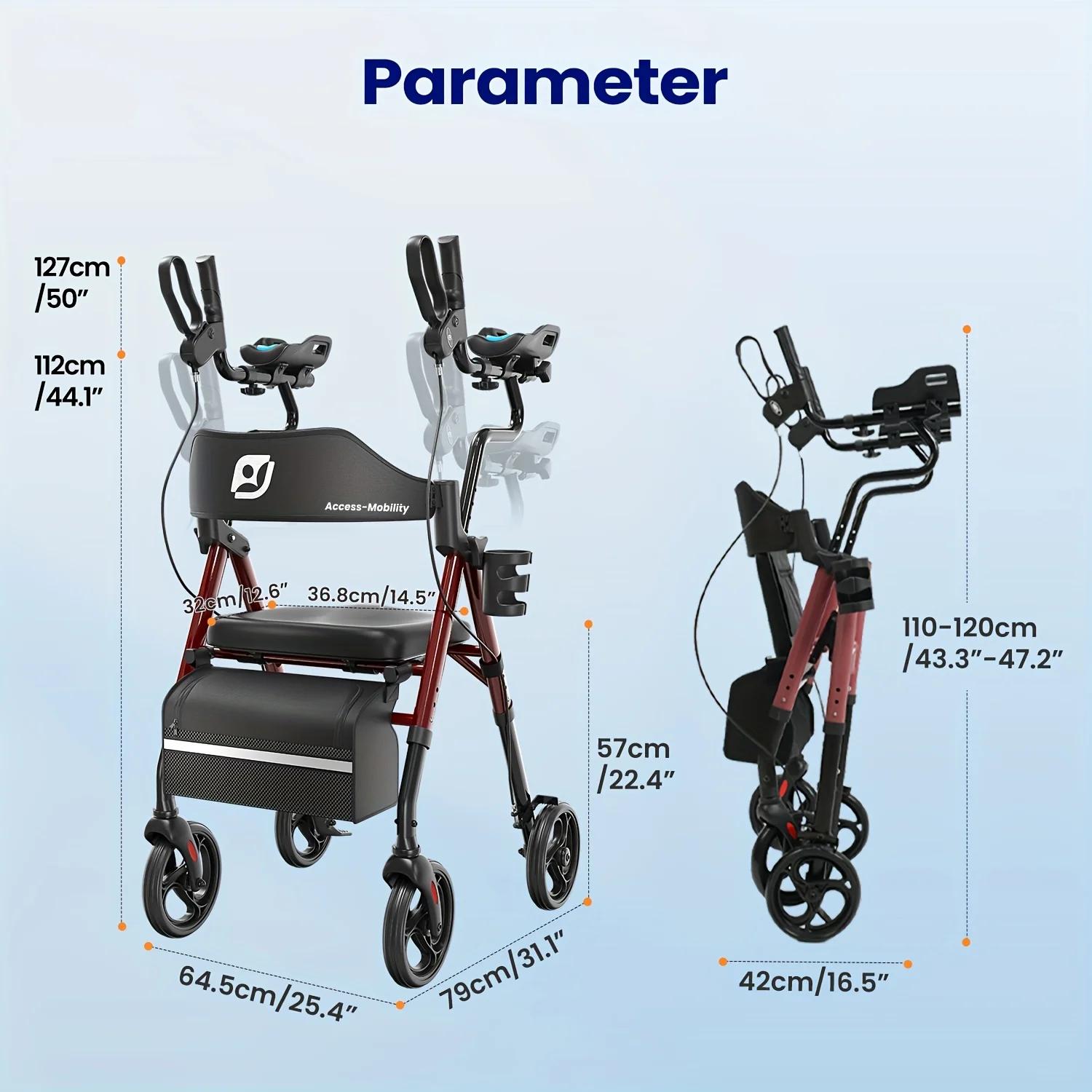 Aufrechter Rollator - Gehhilfe für Senioren - Faltbar - Gepolsterter Sitz - Rückenlehne - Rot