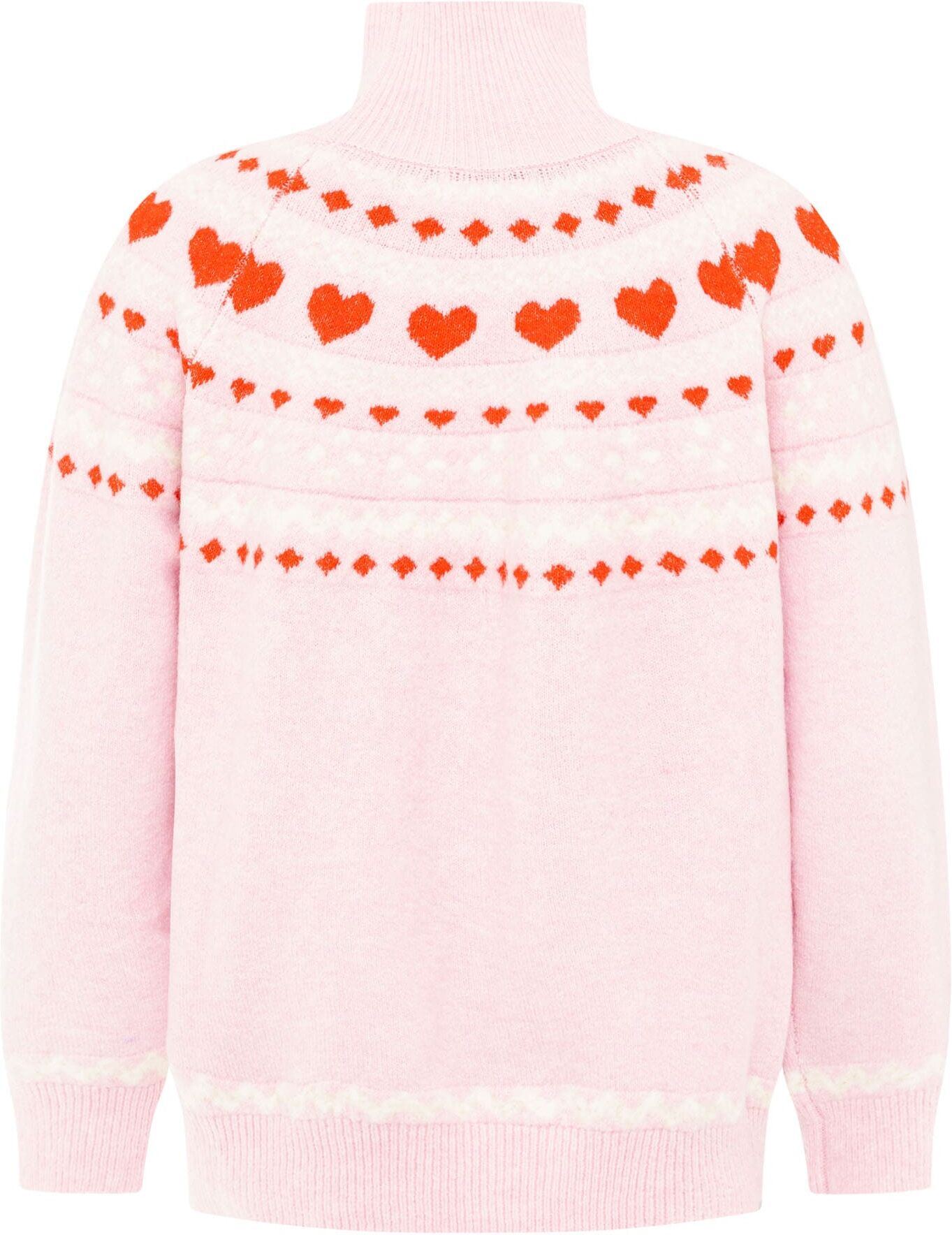 Stehkragenpullover ZWILLINGSHERZ "Norweger", Damen, Gr. L/XL, rosa, Grobstrick, Obermaterial: 65% Polyester, 13% Polyacryl, 13% Polyamid, 9% Wolle, Pullover Stehkragenpullover, Norweger-Muster, hoher Kragen, oversize, komfortables Strick