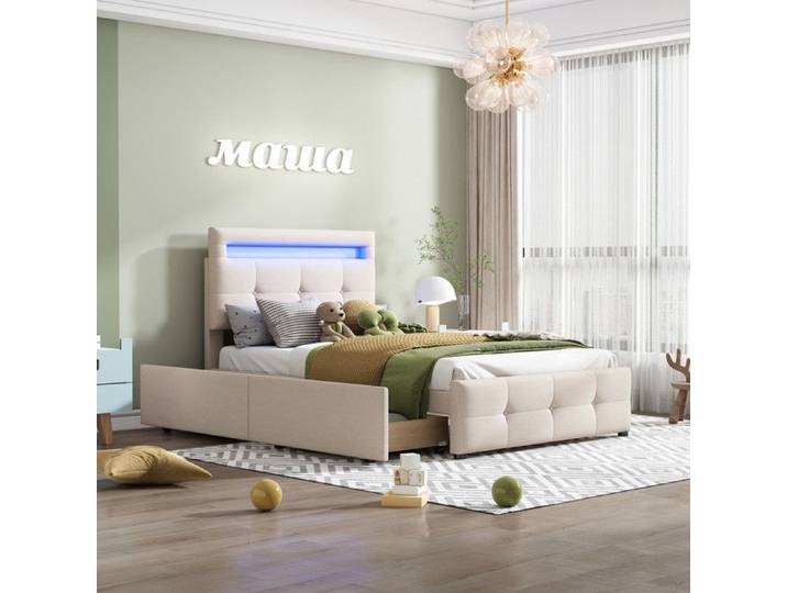 Lit simple 90x200 - Beige - LED intégrée - Tiroirs de rangement - Design classique