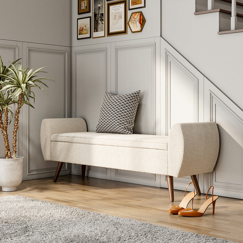 Fjørde & Co Alamo Upholstered Bench with Flip Top Beige Teddy 55cm H X 151cm W X 47cm D