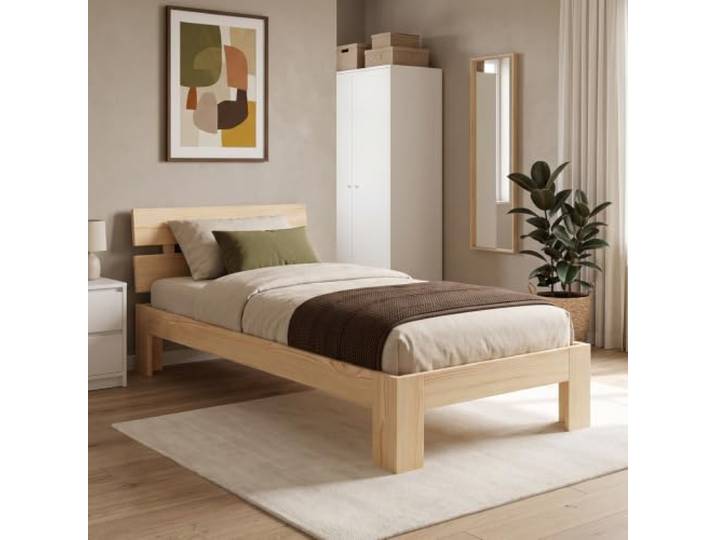 Bellamio Kavir Holzbett 90x200 cm, Natur, Kiefer Massivholz, mit Lattenrost Massivholzbett, Bettgestell mit Bettkopf, stabiler Bettrahmen bis 120 kg, Einzelbett, Schlafzimmerbett, Schlafmöbel