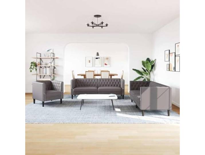 KTHLBRH Chesterfield-Sofa-Set, 3-teilig, grau, Kunstleder Waschbares Kunstleder, Schaumstofffüllung, robuste Beine, Kapazität 110 kg