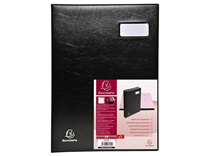 Exacompta - Réf. 654765E - 1 parapheur Fixapage - couverture en PVC expansé - système fixapage - 24 compartiments en carte rose avec 2 perforations - dim 24x32 cm - couleur noir