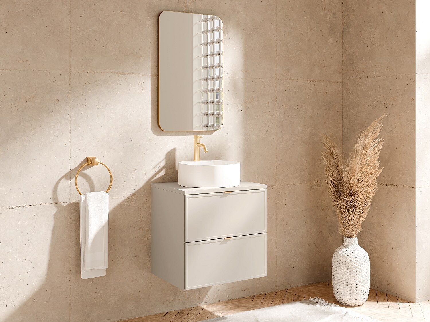 Unique Mueble de baño suspendido con lavabo sobre encimera redondo - Beige - 60 cm - ONDIL