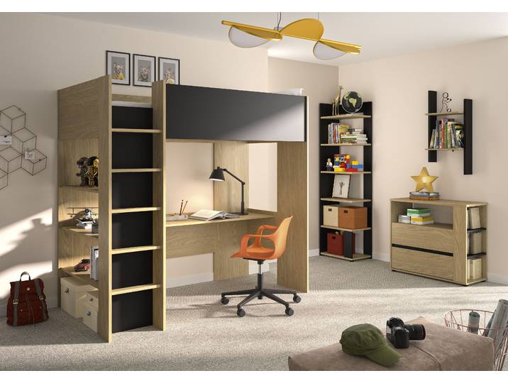 Schlafzimmer-Set GAMI Set 4 tgl Nael , braun (natur), Rockwood Eiche / Schwarz + ohne Matratze, B/H: 90cm x 200cm, Rockwood Eiche / Schwarz, Schlafzimmermöbel-Sets, Ein multifunktionales Zimmer