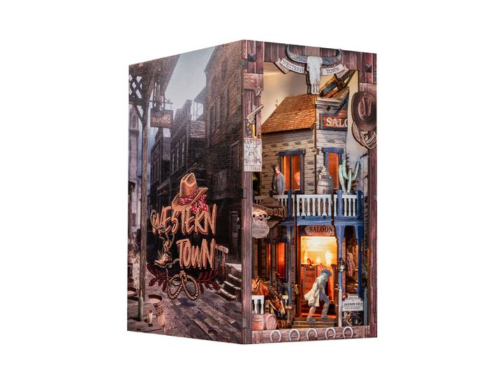 Bricolage bois coin livre Figurines Miniatures ville occidentale serre-livres avec lumières LED pour amis cadeaux d'anniversaire décoration de la maison artisanat
