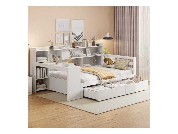 MODFU Schlafsofa Multifunktionsbett, 90x200 cm, Integrierte Steckdose, USB-Anschlüsse und Regale, Ohne Matratze