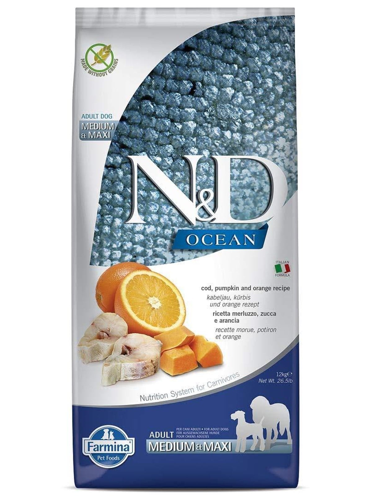 Farmina N&D OCEAN adult medium maxi Kabeljau Kürbis Orange 12 kg