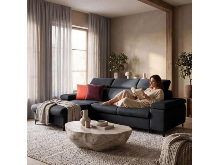 Muffo Ecksofa mit Schlaffunktion und Bettkasten Links Schwarz freistehendes Sofa verstellbare Armlehnen Schlafsofa MAVIC L Stauraum Ecksofa verstellbare Kopfstützen