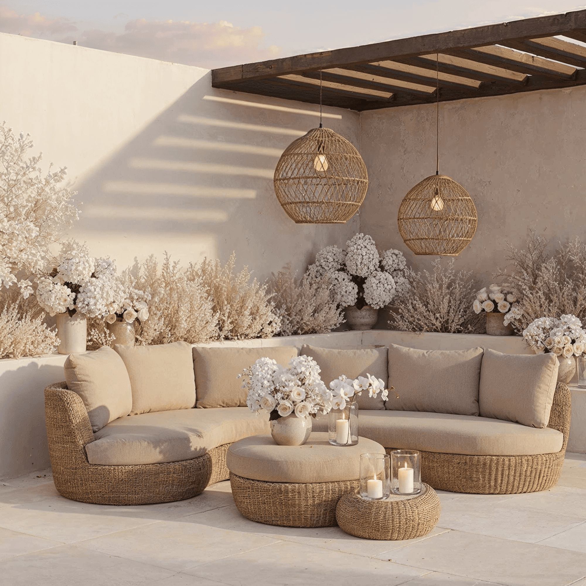 Sevilla Natural Wicker Outdoor Curved Sofa & Footstool Set