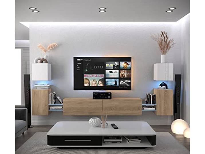 Furnitech Wohnwand Wohnzimmer Hängend Wohnwand Modern Wohnzimmer Schrankwand mit Regale und TV Schrank Wohnzimmer Möbel ohne LED (AN105-21WS-HGM7 1A)