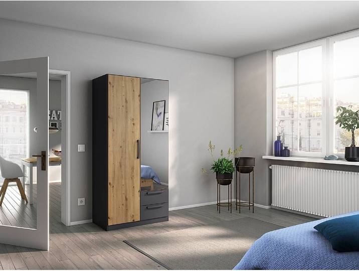 Drehtürenschrank Style Up 90cm Braun/Grau/Eiche Artisan Dekor/Graumetallic mit Spiegeltür/-en