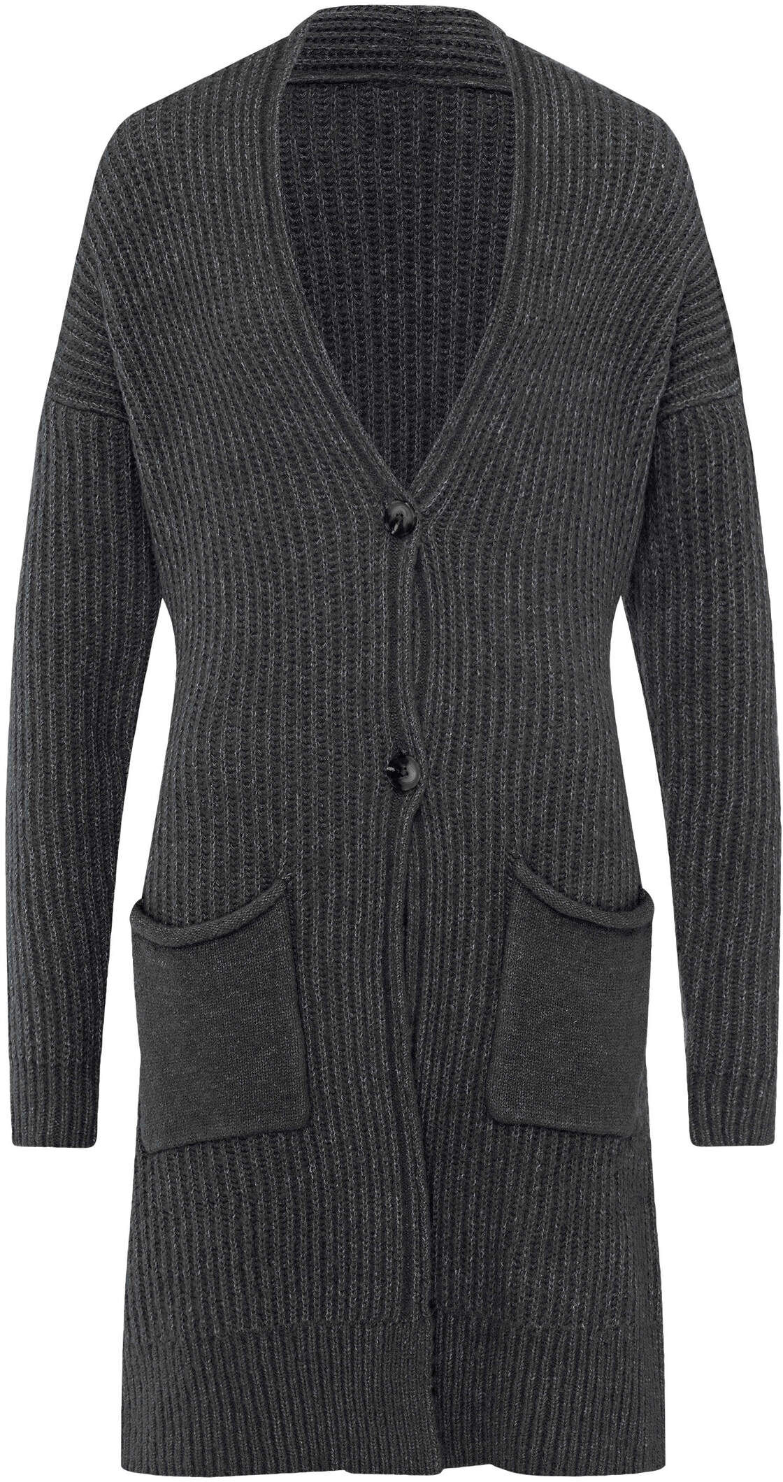 Strickjacke HEINE "Strickjacke Strickjacke mit aufgesetzten Taschen", Damen, Gr. 46, grau (schwarz), Casual, Strickjacken Strickjacke
